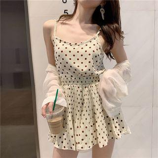Dotted Camisole Top + High-waist Skirt / Light Cardigan