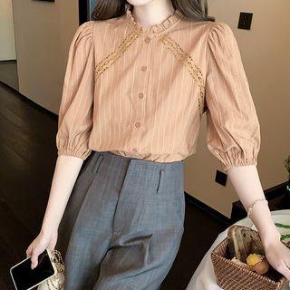 Elbow-sleeve Lace Trim Striped Blouse