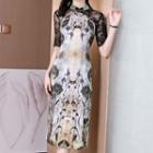 Short-sleeve Lace Panel Flower Print Qipao