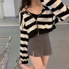 Striped Hooded Zip Cropped Jacket / Crop Tank Top / Side-slit Mini A-line Skirt