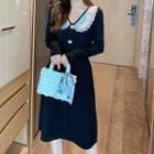 Long-sleeve Mesh Collar Knit Midi A-line Dress