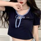 Short-sleeve Contrast Trim T-shirt Navy Blue - One Size