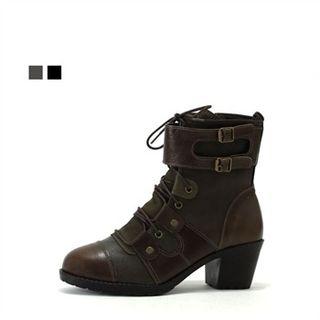 Genuine Leather Lace-up Buckled Boots