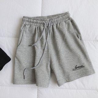 Drawstring-waist Letter Embroidered Wide-leg Shorts