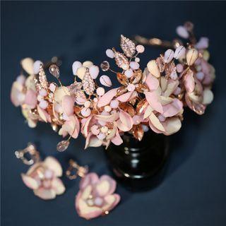 Set: Wedding Flower Tiara + Earring Gift Box - Crown & Clip On Earring - Pink - One Size