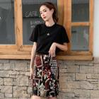 Star Embroidered Short-sleeve T-shirt / Flower Embroidered Mini A-line Skirt