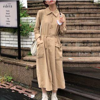 Long-sleeve Dual-pocket Midi Shirt Dress Khaki - One Size