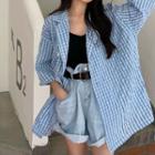 Elbow-sleeve Plaid Button-up Jacket Blue - One Size