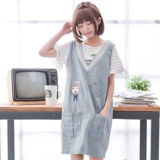 Embroidered V-neck Denim Pinafore Dress