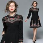 Mesh Panel Embroidery A-line Dress