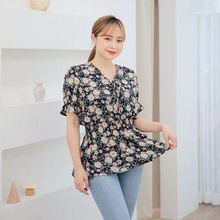 Tie-neck Floral Peplum Blouse