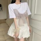 Short-sleeve Bow Accent T-shirt / Ruffle Hem Mini A-line Skirt