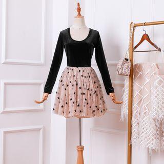 Long-sleeve Star Pattern A-line Mini Dress