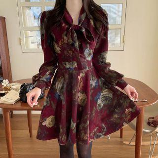 Tie-neck Floral Flare Dress