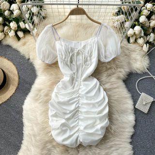 Square-neck Mesh Short-sleeve Ruched Dress
