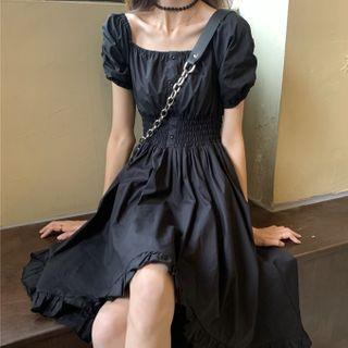 Short-sleeve High Low A-line Dress Black - One Size