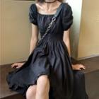 Short-sleeve High Low A-line Dress Black - One Size