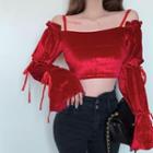 Long-sleeve Cold Shoulder Crop Top Red - One Size