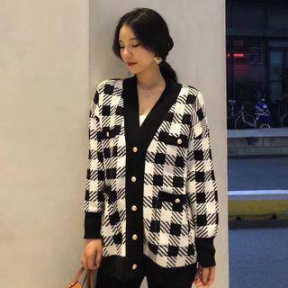 V-neck Checkered Cardigan
