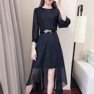 3/4-sleeve Dip Back Chiffon Dress With Belt