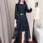 3/4-sleeve Dip Back Chiffon Dress With Belt