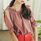 Frill Trim Plain Cut Out Shoulder Elbow Sleeve Top