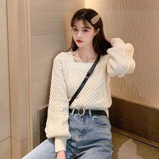 Square-neck Plain Cable Knit Sweater