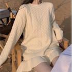 Set: Plain Sweater + Ruffled Hem Mini Knit A-line Skirt White Sweater + Skirt - One Size
