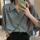 Flower Print Elbow-sleeve Shirt Light Blue - One Size