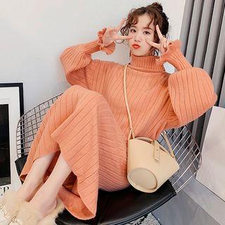 Mock Turtleneck Lantern-sleeve Midi Knit Dress