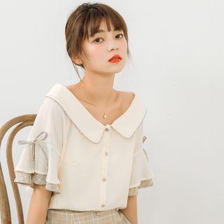 Ruffle Trim Short-sleeve Blouse / Plaid A-line Midi Skirt