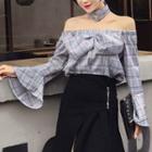 Set: Plaid Off-shoulder Long-sleeve Blouse + Slit A-line Skirt