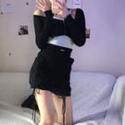 Long-sleeve Crop Top / Spaghetti Strap Top / A-line Mini Skirt