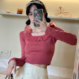 Long-sleeve Ruffle Trim Crop Top Pink - One Size