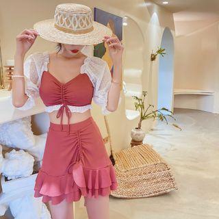 Set: Short-sleeve Two-tone Drawstring Tankini Top + Ruffle Swim Skirt
