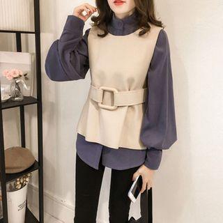 Set: Balloon-sleeve Blouse + Knit Vest