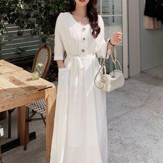 Elbow-sleeve Tie-front Midi A-line Dress