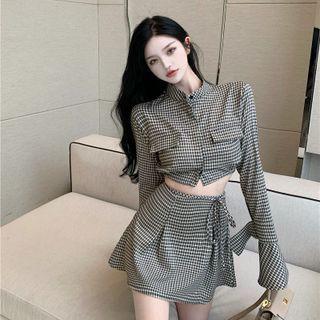 Bell-sleeve Check Crop Shirt / Mini A-line Skirt