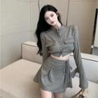 Bell-sleeve Check Crop Shirt / Mini A-line Skirt