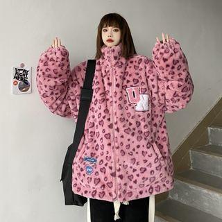 Leopard Print Letter Embroidered Zip Jacket
