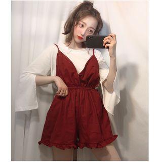 Plain Long-sleeve T-shirt / Ruffle Hem Playsuit / Crew-neck Tank Top