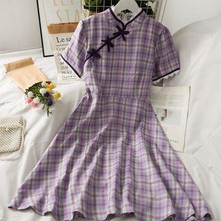 Lace-trim Plaid Qipao Dress