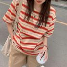 Short-sleeve Striped T-shirt Stripe - Red & Off-white - One Size