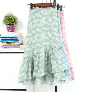 Leaf Printed Ruffle Trim Skirt
