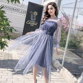 Long-sleeve Velvet Panel Midi Mesh Dress With Belt