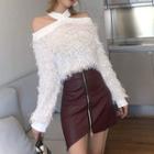 Cold Shoulder Furry Sweater / Zip A-line Faux Leather Skirt