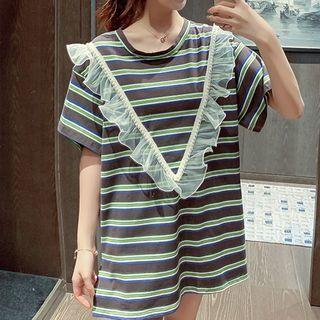 Mesh Ruffled Striped Elbow-sleeve T-shirt