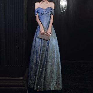 Off-shoulder Cap Sleeve Ruffled Sequined A-line Evening Gown