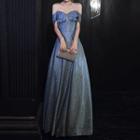 Off-shoulder Cap Sleeve Ruffled Sequined A-line Evening Gown