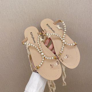 Faux Pearl Lace Up Toe-ring Sandals